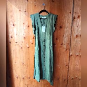 Reiss Emma Plunge Frill Shoulder Olive Green Belted Dress